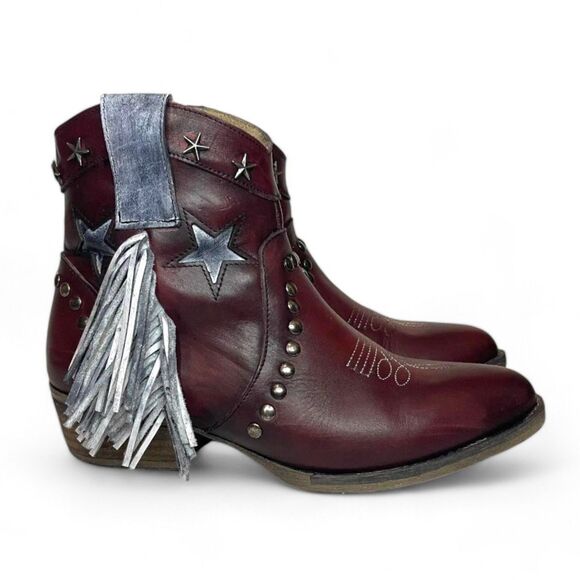 CIRCLE G by Corral Ladies Wine Star, Fringe & Studs Ankle Boot, Size 10M - Picture 1 of 10